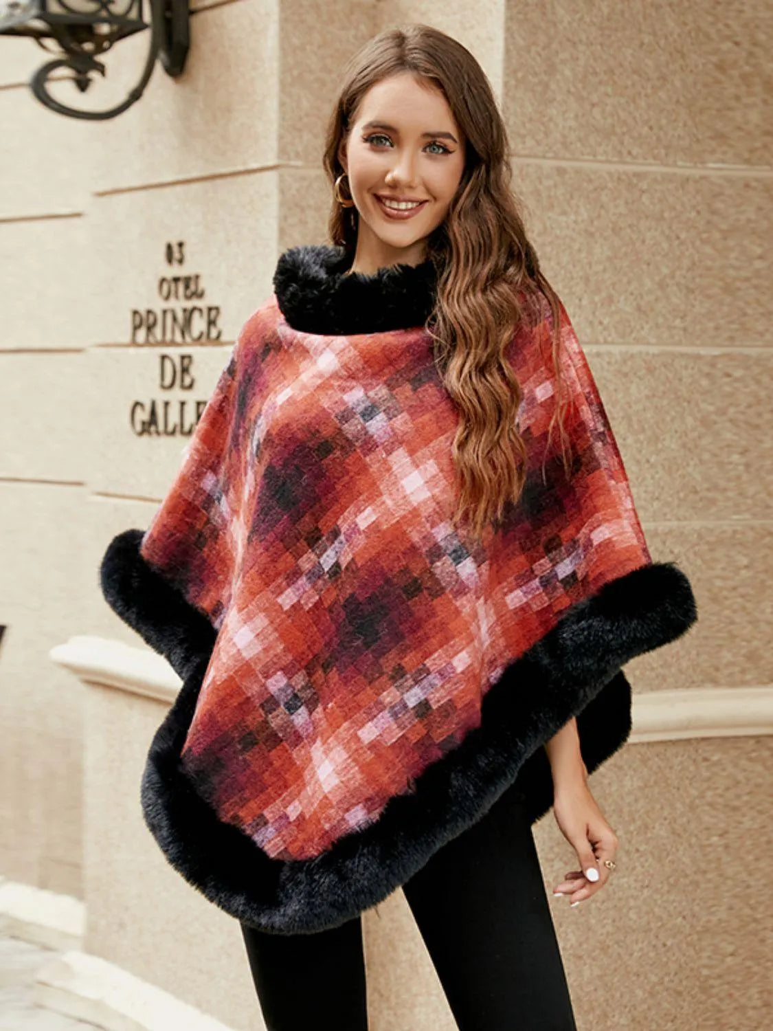 Faux Fur Trim Poncho - 6i6