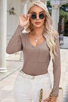 Ribbed V-Neck Long Sleeve Blouse with Pocket - 6i6