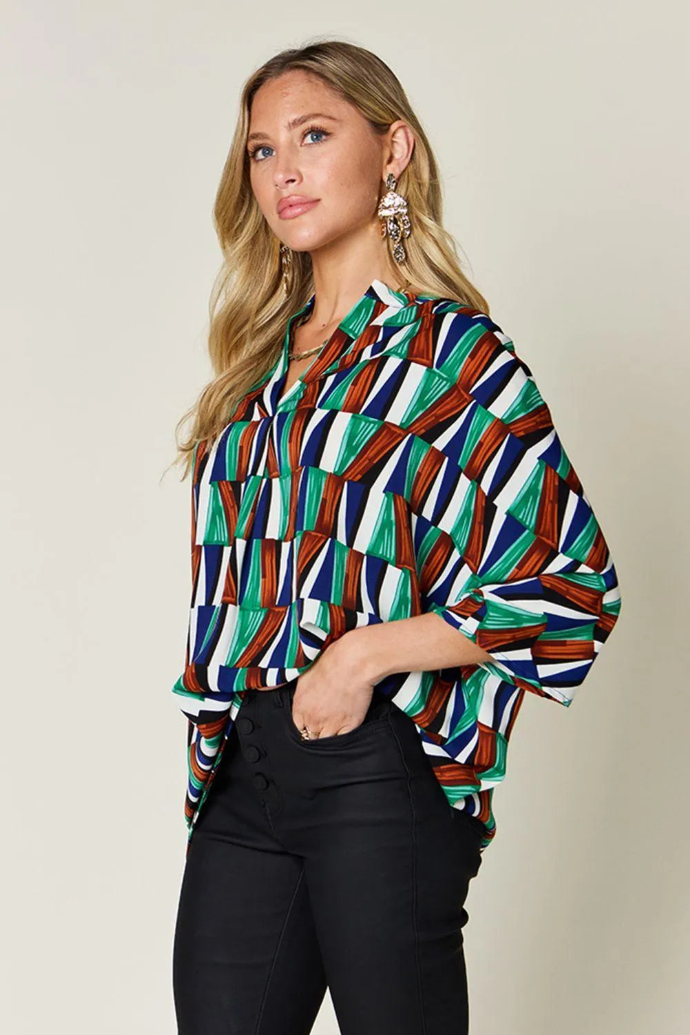 Double Take Full Size Geometric Notched Dolman Sleeve Top - 6i6