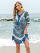 Fringe V-Neck Half Sleeve Cover-Up - 6i6