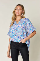 Double Take Full Size Printed V-Neck Short Sleeve Blouse - 6i6