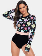 Flower Round Neck Long Sleeve One-Piece Swimwear - 6i6