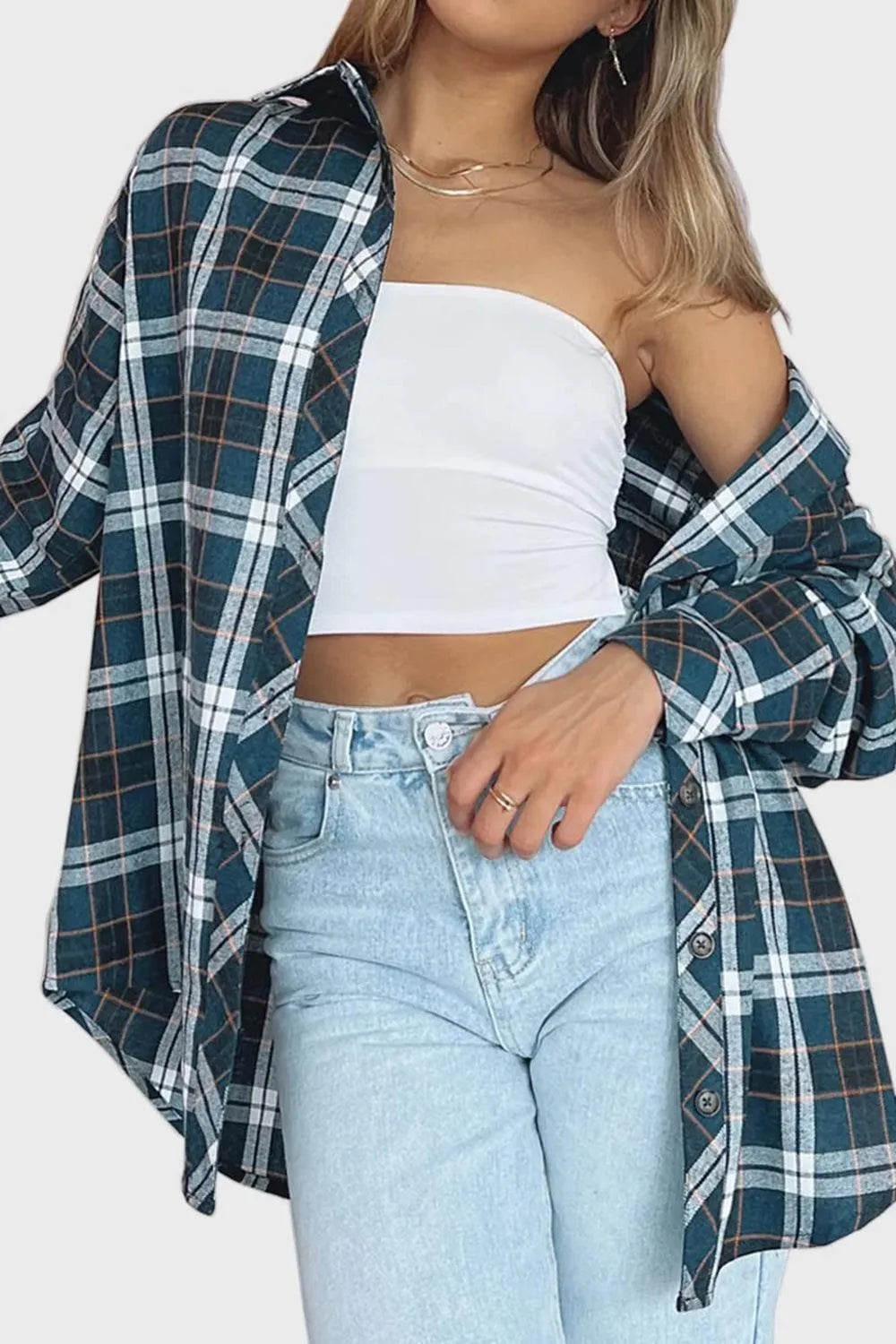 Plaid Collared Neck Long Sleeve Shirt - 6i6