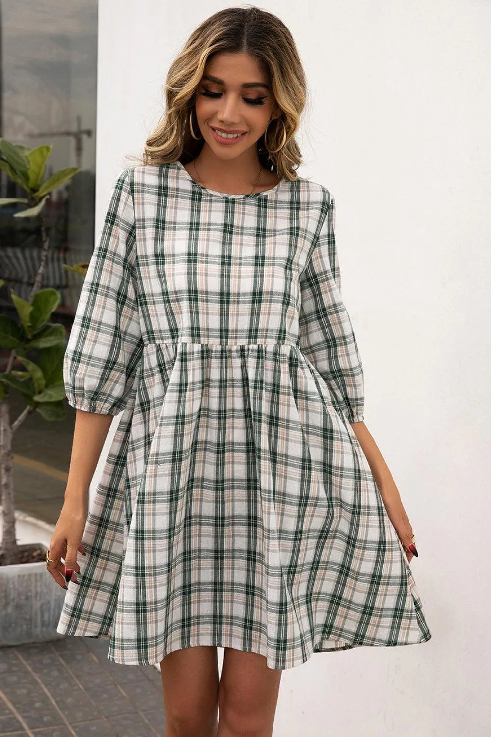 Plaid Round Neck Mini Dress - 6i6