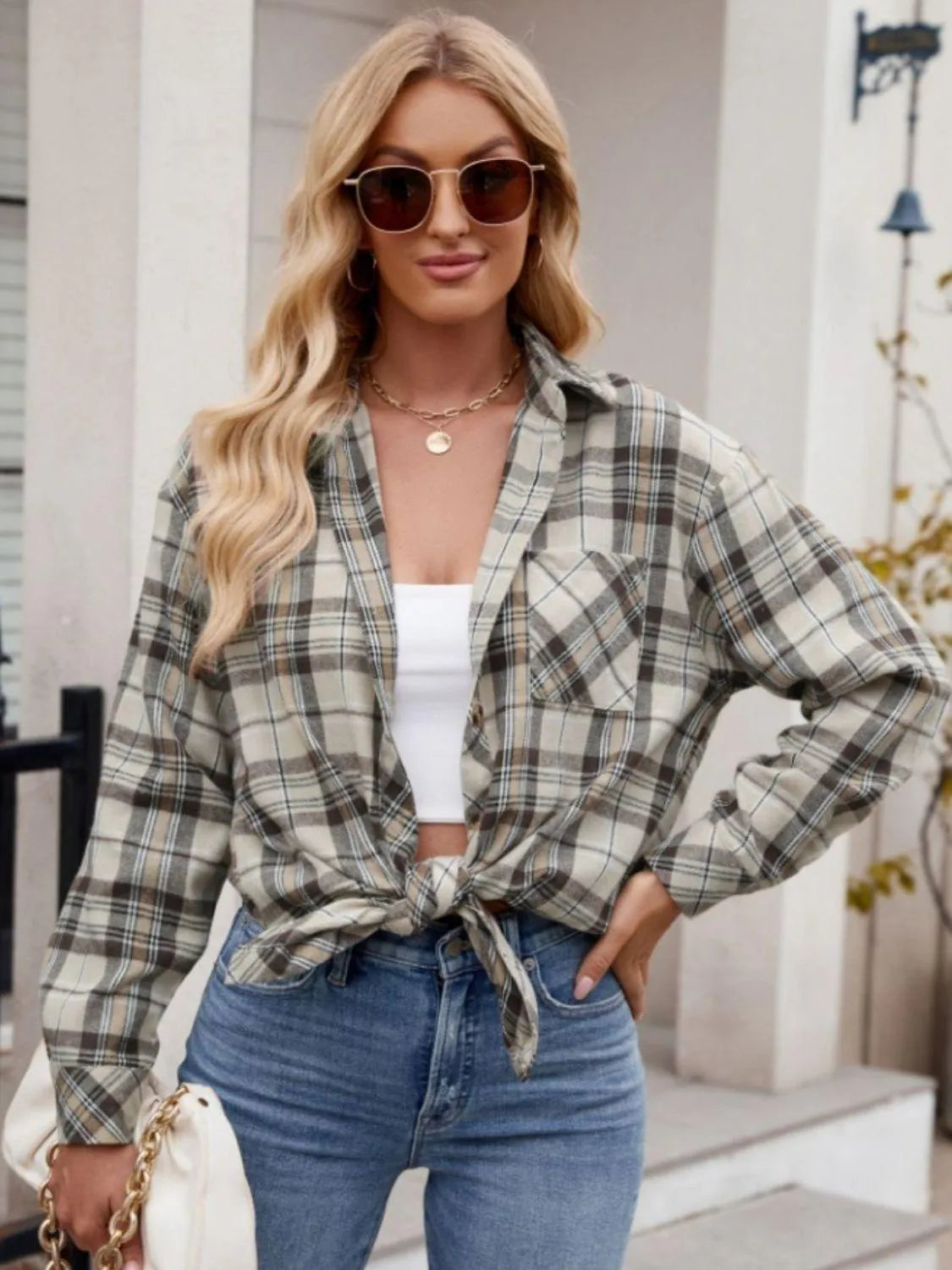 Pocketed Plaid Collared Neck Long Sleeve Shirt - 6i6