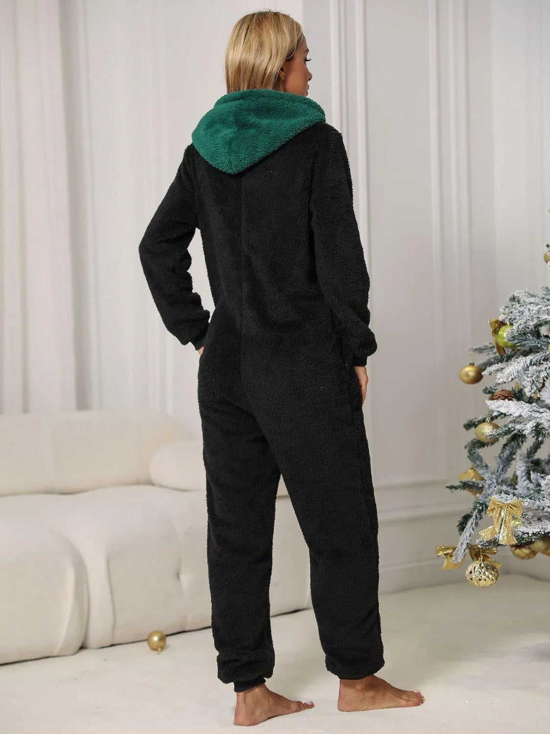 Pom-Pom Trim Zip Front Hooded Lounge Jumpsuit - 6i6