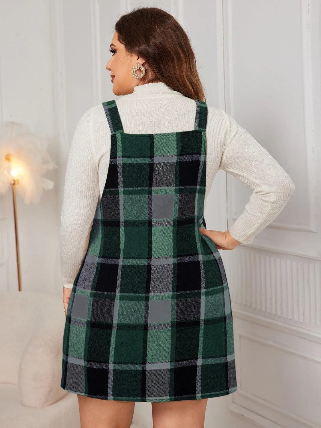 Plus Size Plaid Wide Strap Overall Dress - 6i6