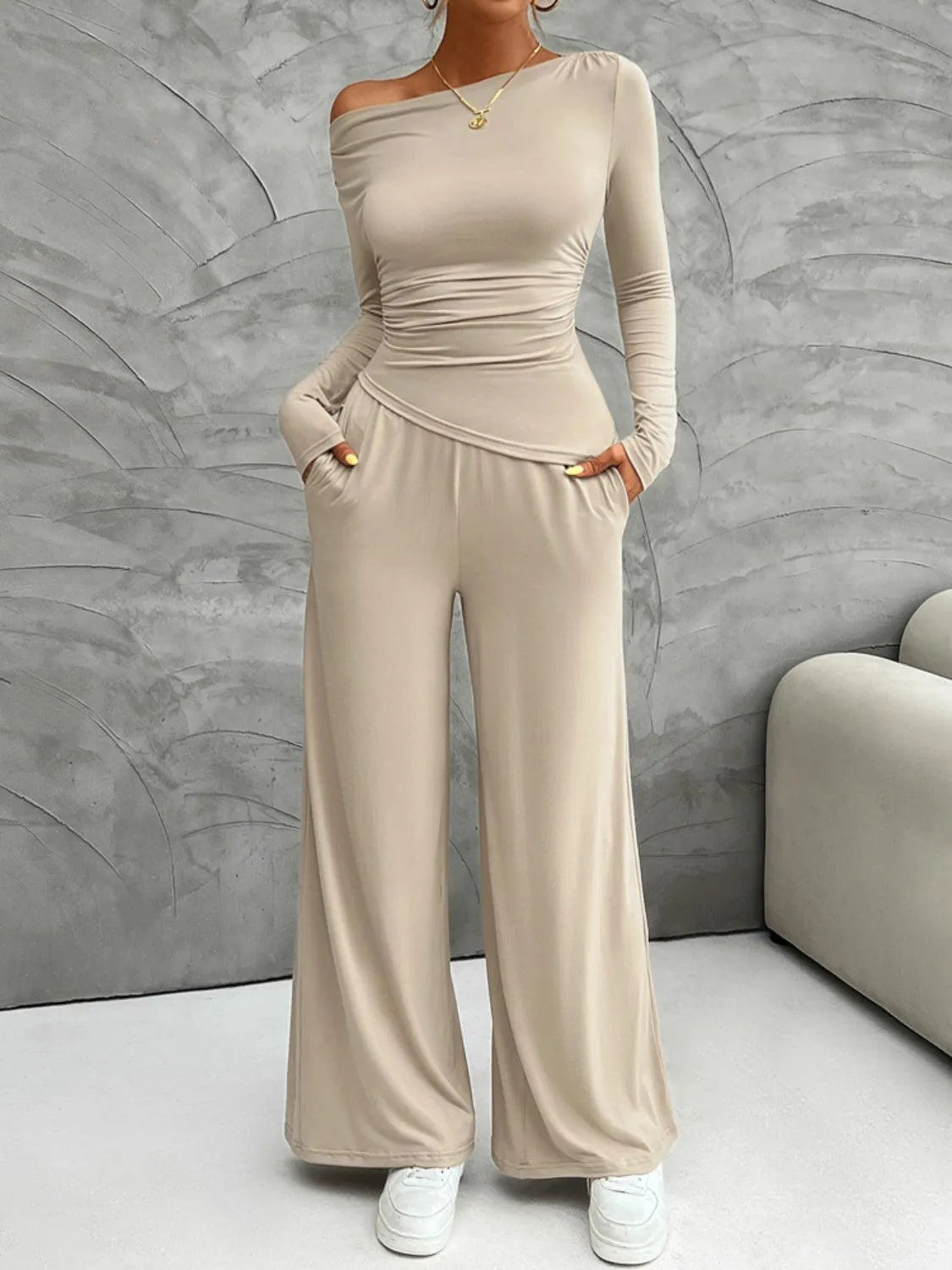 Long Sleeve Top and Wide Leg Pants Set - 6i6