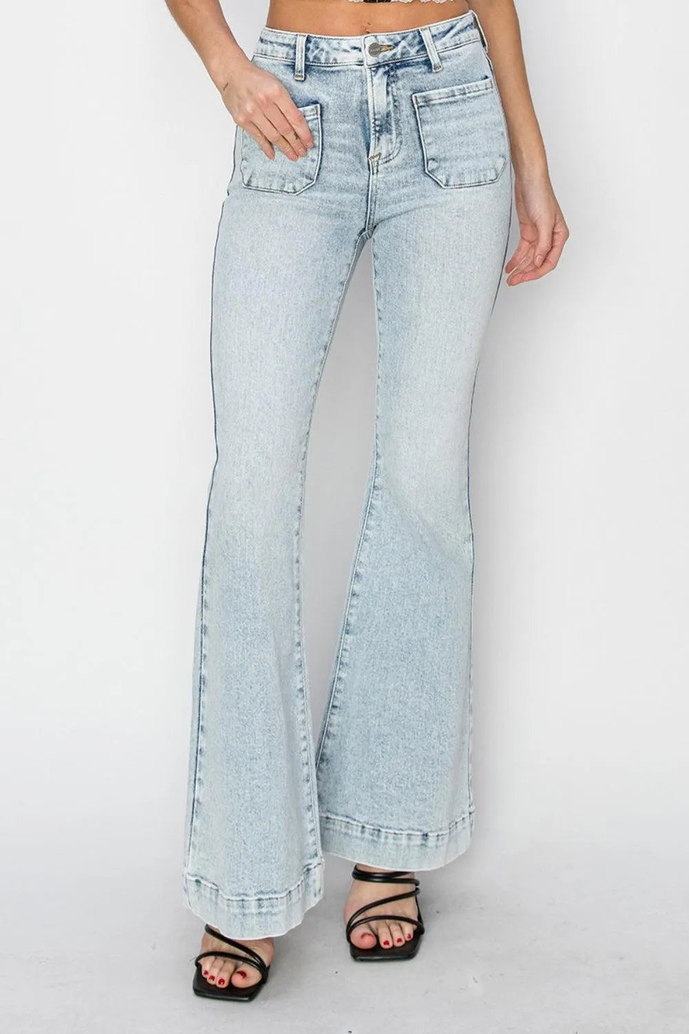 Risen Full Size High Rise Front Patch Pocket Flare Jeans - 6i6