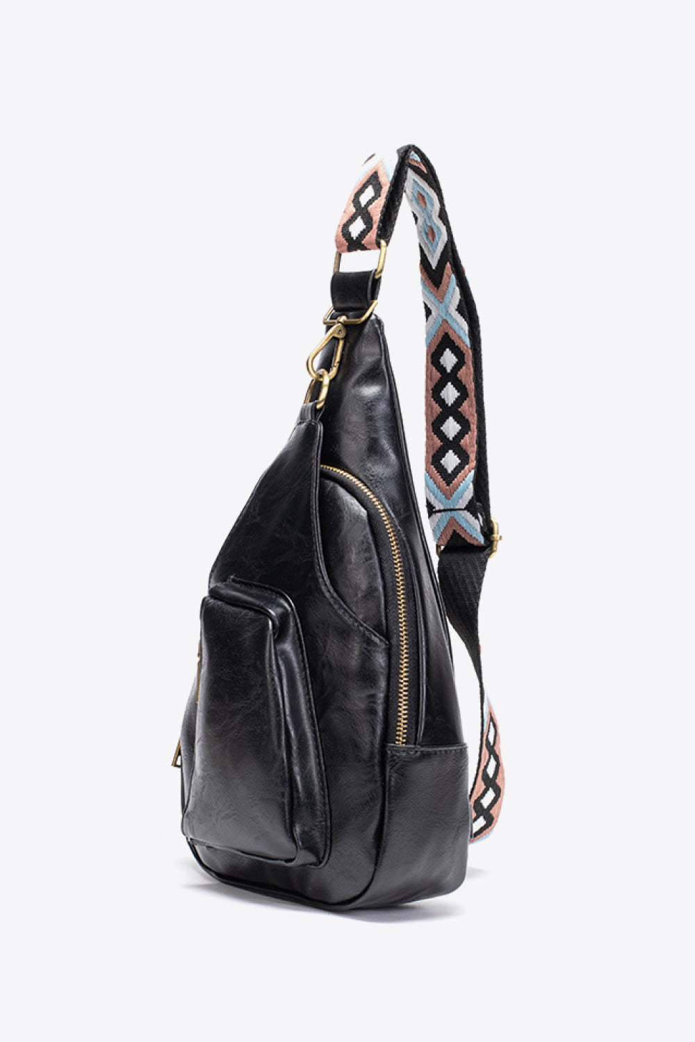 Stylish black PU leather sling bag with adjustable patterned strap, featuring a front pocket and sleek design.