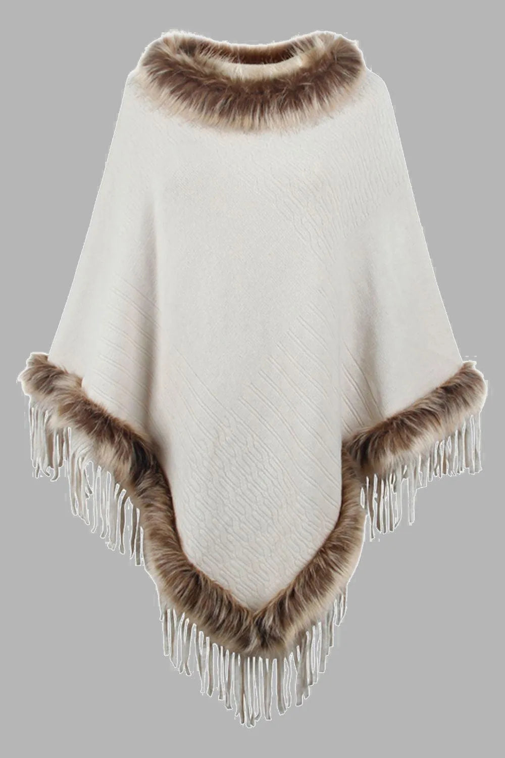 Faux Fur Trim Fringed Poncho - 6i6