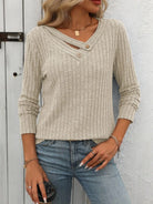 Ribbed V-Neck Long Sleeve T-Shirt - 6i6