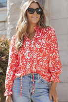 Printed Tie Neck Flounce Sleeve Blouse - 6i6