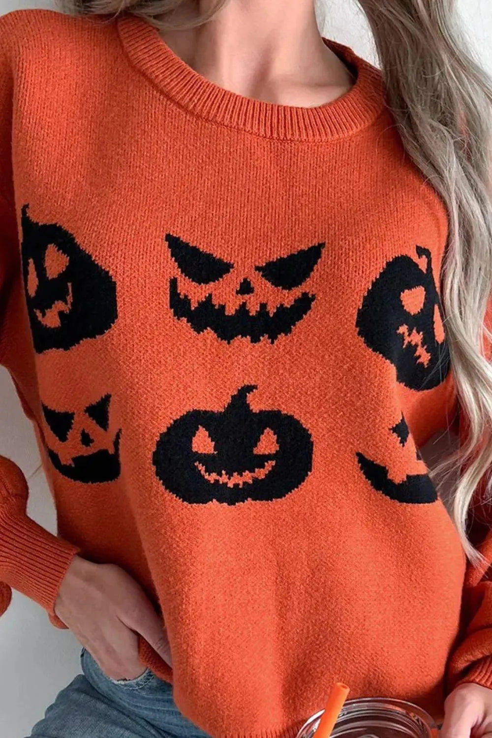 Pumpkin Pattern Round Neck Sweater - 6i6