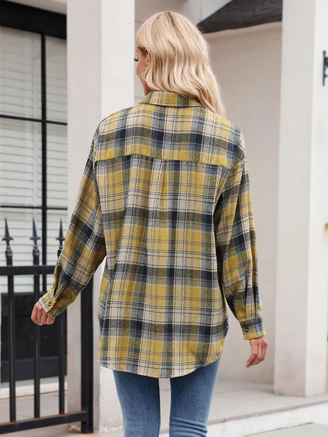 Pocketed Plaid Collared Neck Long Sleeve Shirt - 6i6