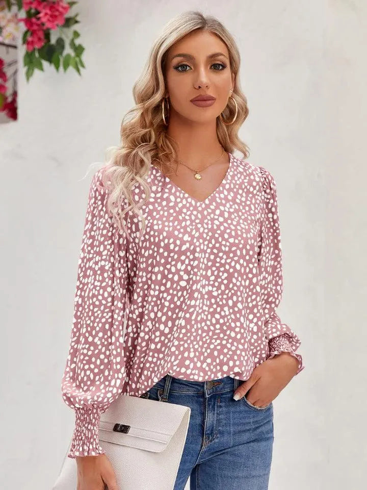 Printed V-Neck Lantern Sleeve Blouse - 6i6