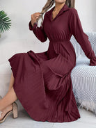 Pleated Half Button Long Sleeve Midi Dress - 6i6