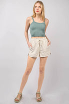 VERY J Drawstring Elastic Waist Linen Shorts - 6i6