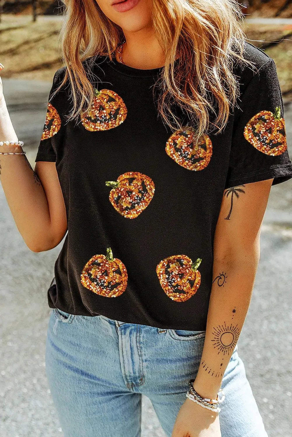 Sequin Pumpkin Round Neck Short Sleeve T-Shirt - 6i6