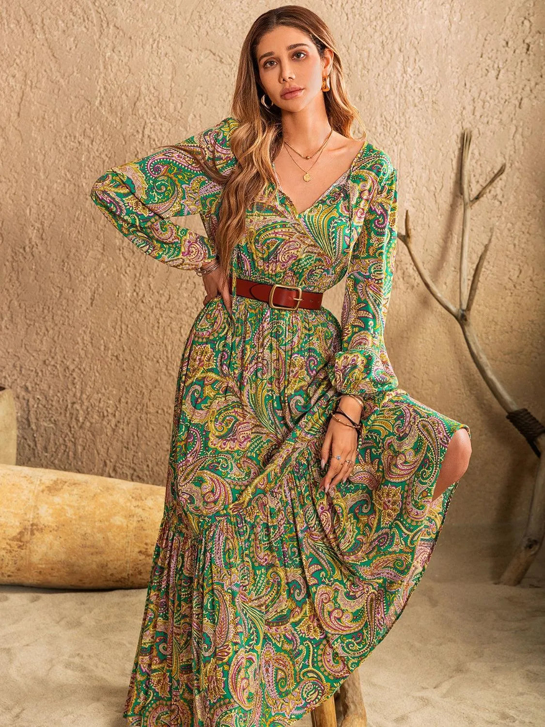 Printed Tie Neck Long Sleeve Dress - 6i6