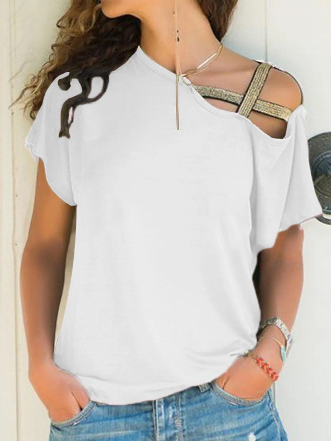 Asymmetrical Neck Short Sleeve T-Shirt - 6i6