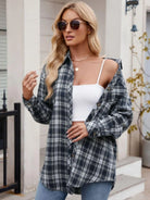 Pocketed Plaid Collared Neck Long Sleeve Shirt - 6i6