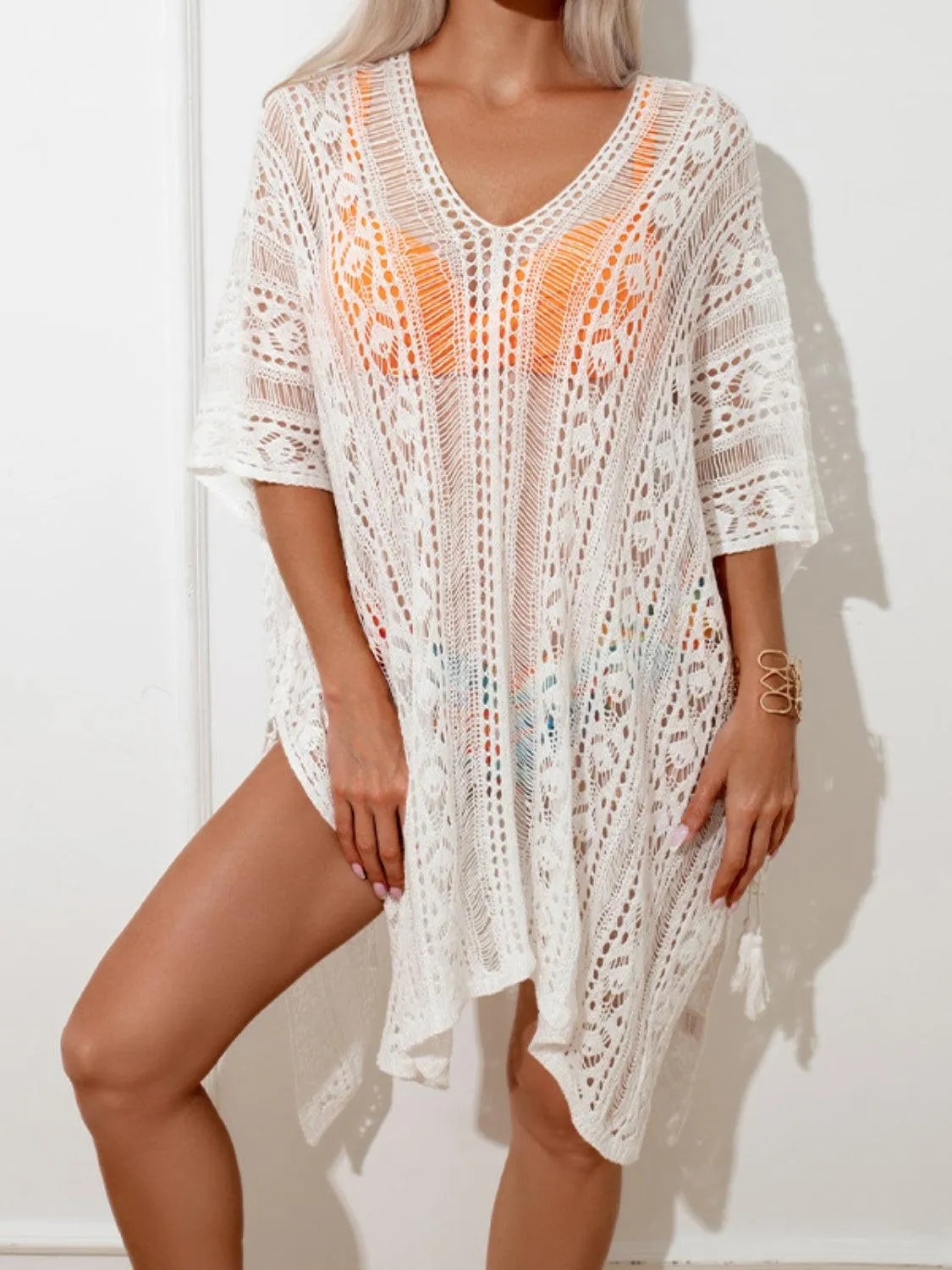 Openwork V-Neck Half Sleeve Cover-Up - 6i6