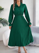 Pleated Half Button Long Sleeve Midi Dress - 6i6