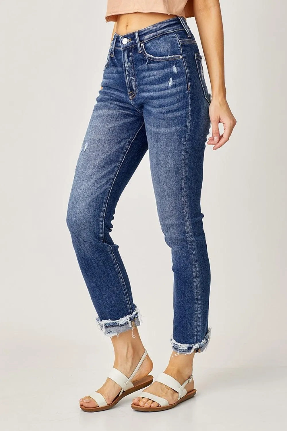 Risen Full Size High-Rise Frayed Cuffed Straight Jeans - 6i6