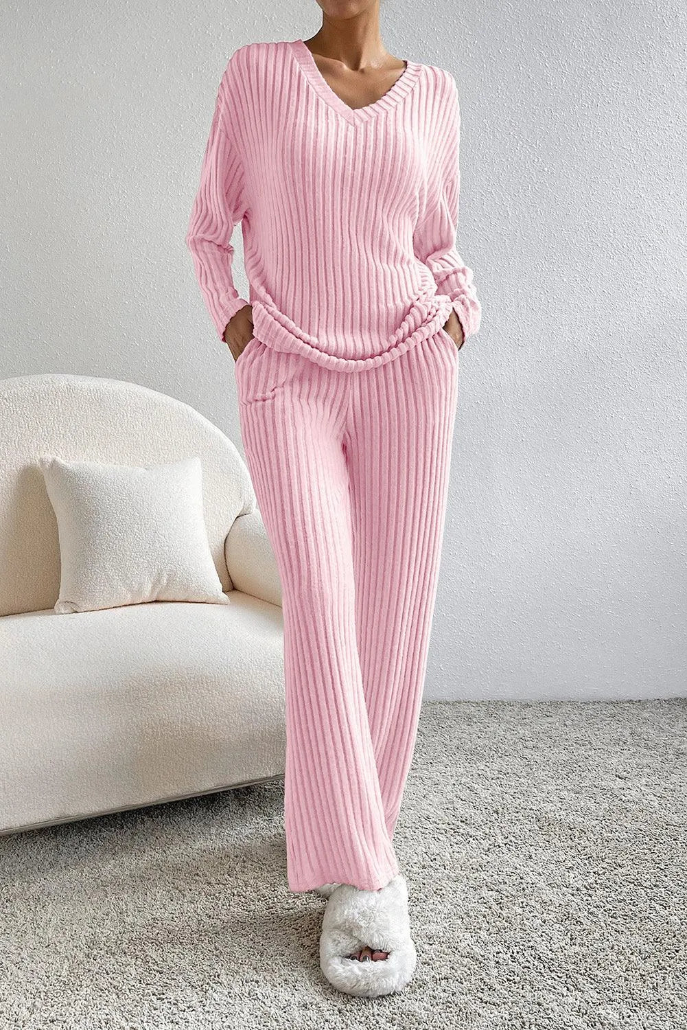 Ribbed V-Neck Top and Pants Lounge Set - 6i6