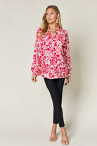 Double Take Full Size Printed Ruffle Trim Balloon Sleeve Shirt - 6i6