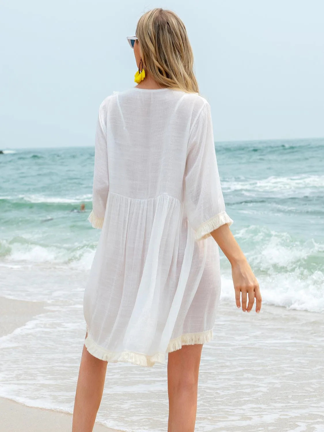 Tassel V-Neck Three-Quarter Sleeve Cover Up - 6i6