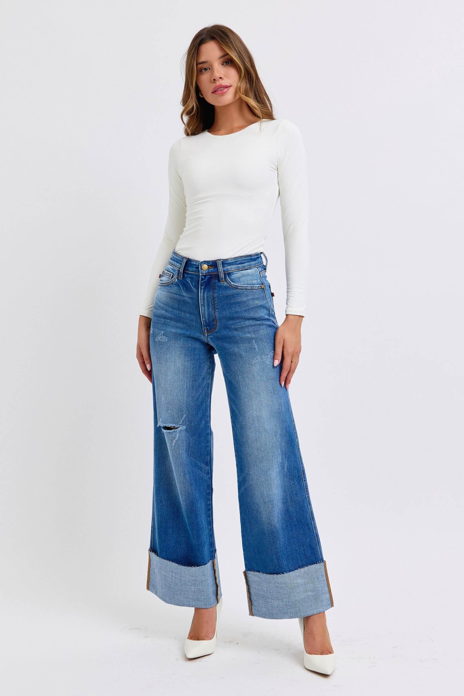 Judy Blue full-size distressed high waist wide leg jeans with a relaxed fit and stylish distressed details, available at 6i6.com