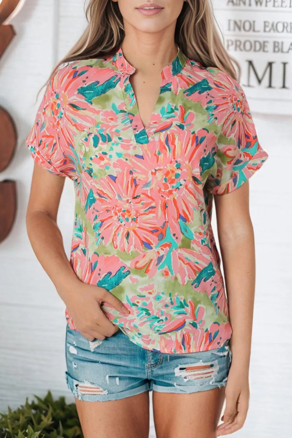 Floral Notched Neck Short Sleeve Top - 6i6