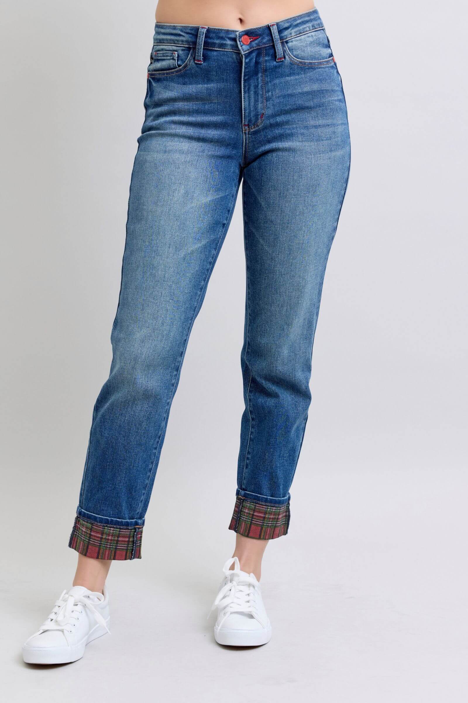 Judy Blue full-size plaid print cuff straight leg jeans with side pockets, featuring a stylish plaid design and comfortable fit, available at 6i6.com