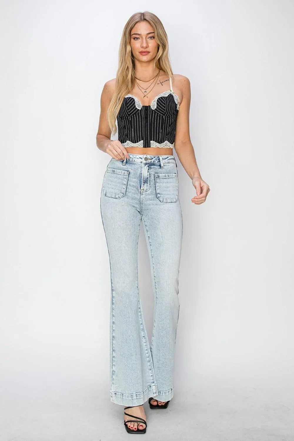 Risen Full Size High Rise Front Patch Pocket Flare Jeans - 6i6