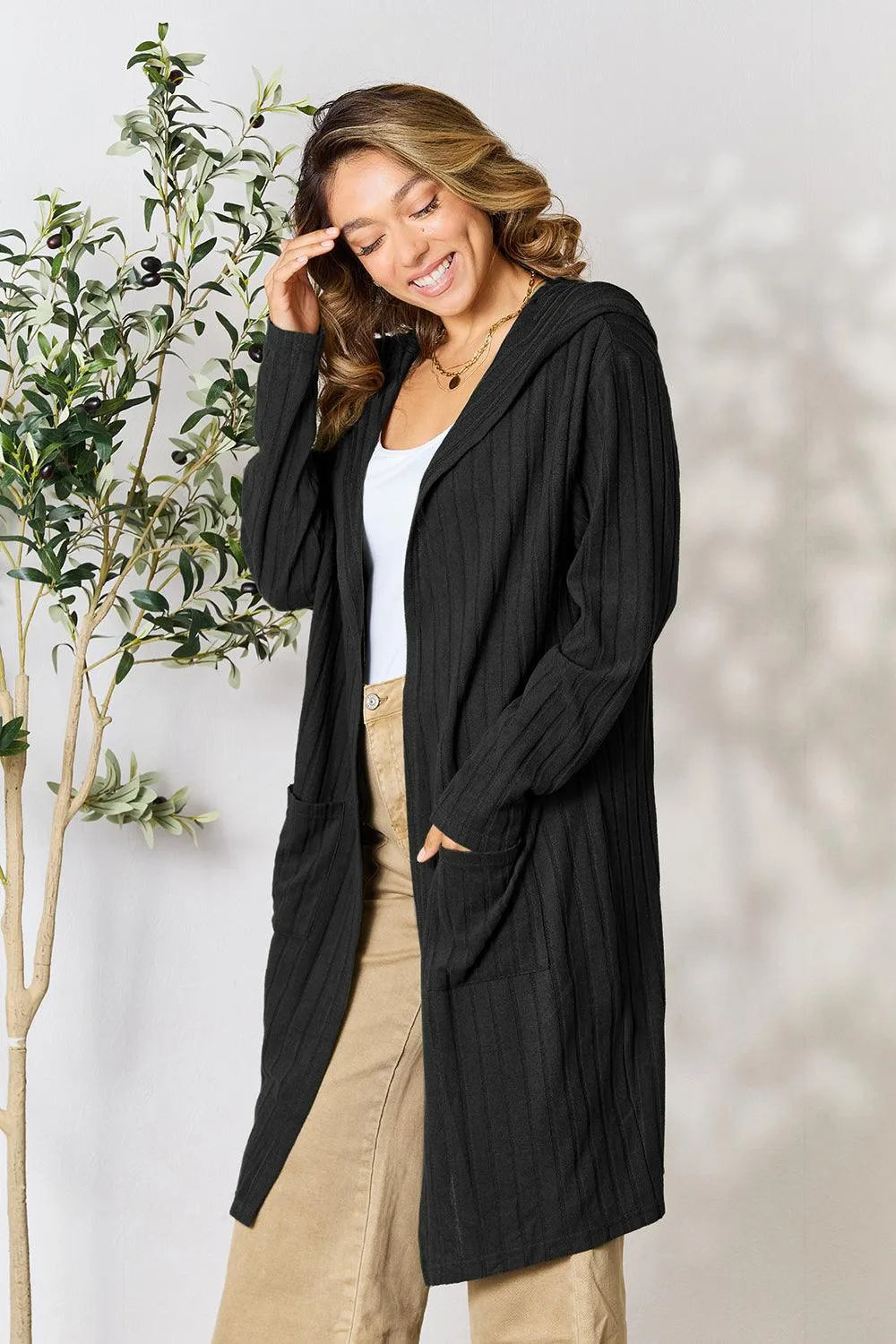 Basic Bae Full Size Hooded Sweater Cardigan - 6i6