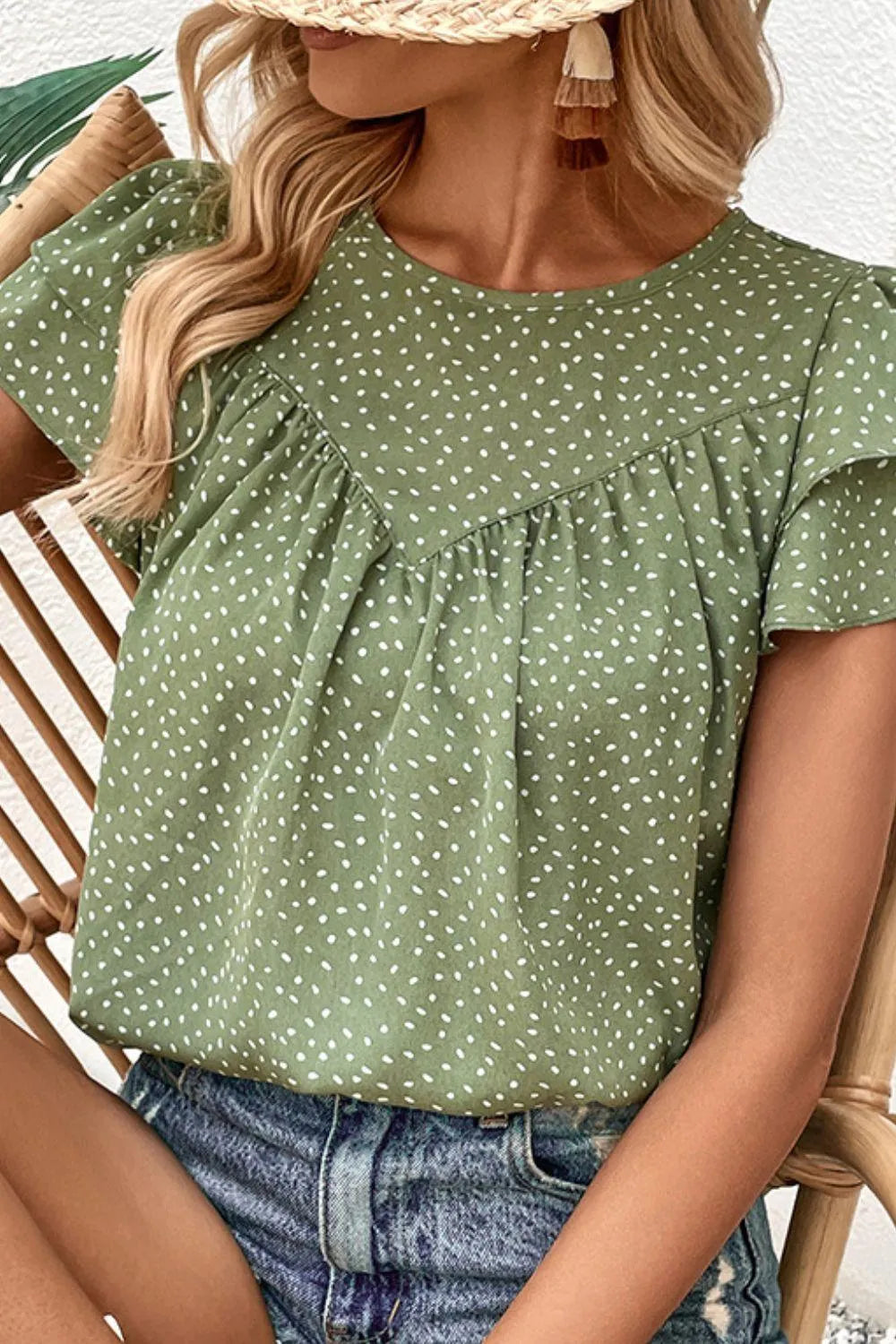 Printed Round Neck Puff Sleeve Blouse - 6i6