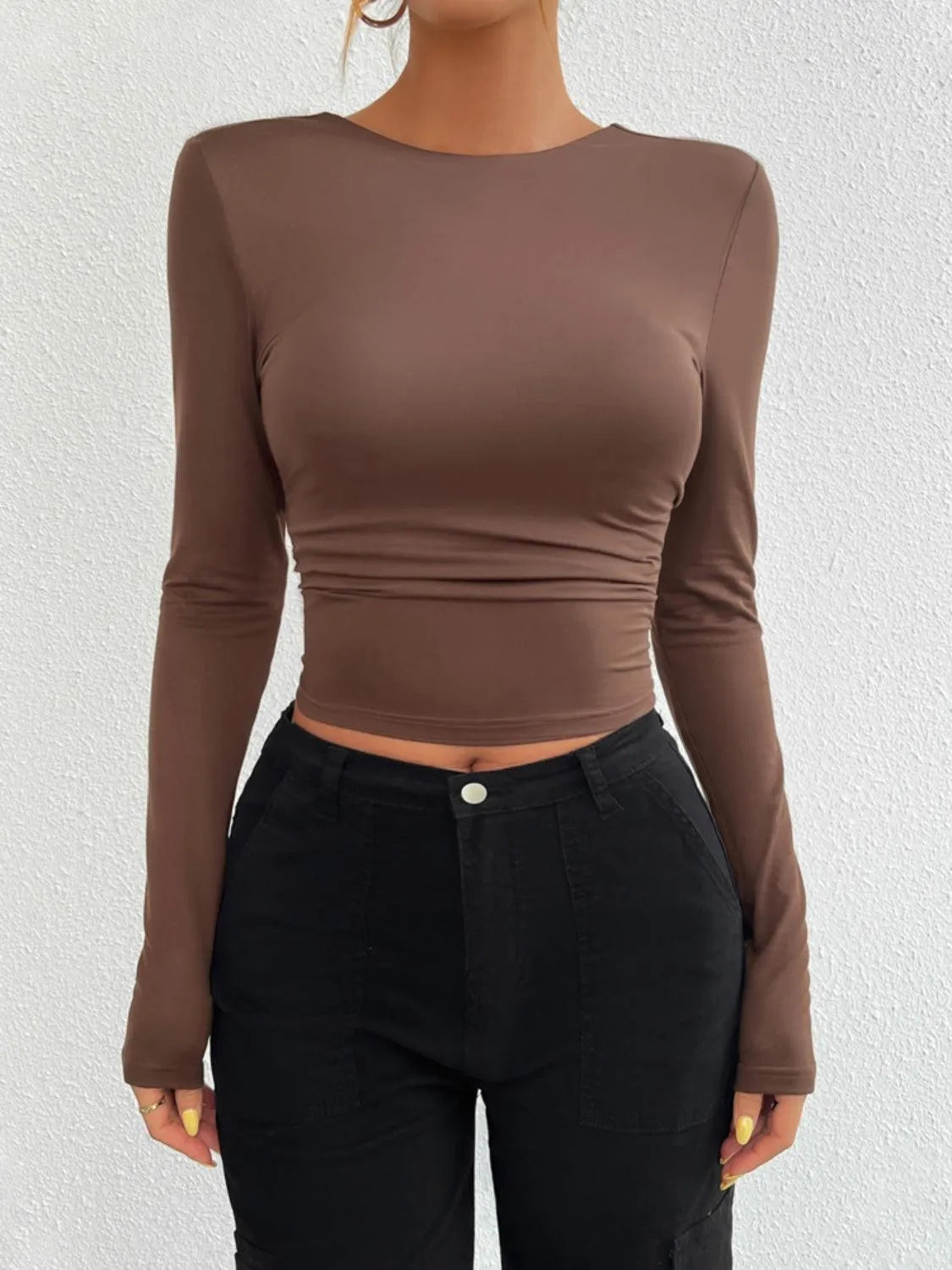 Backless Round Neck Long Sleeve T-Shirt - 6i6