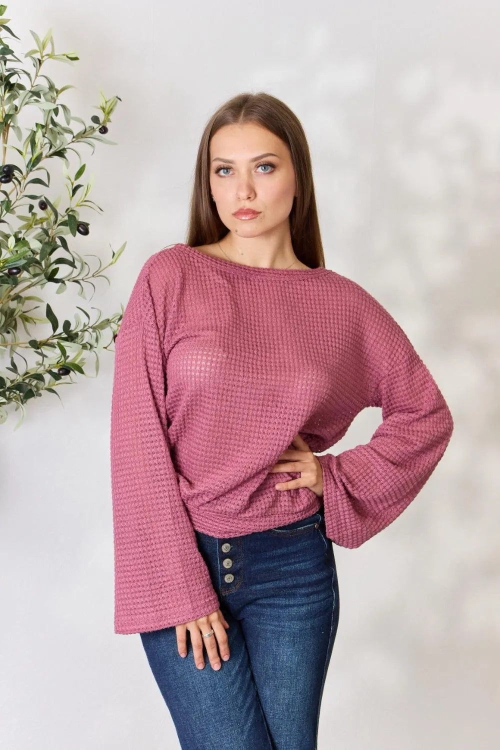 Culture Code Full Size Waffle-Knit Round Neck Long Sleeve Blouse - 6i6