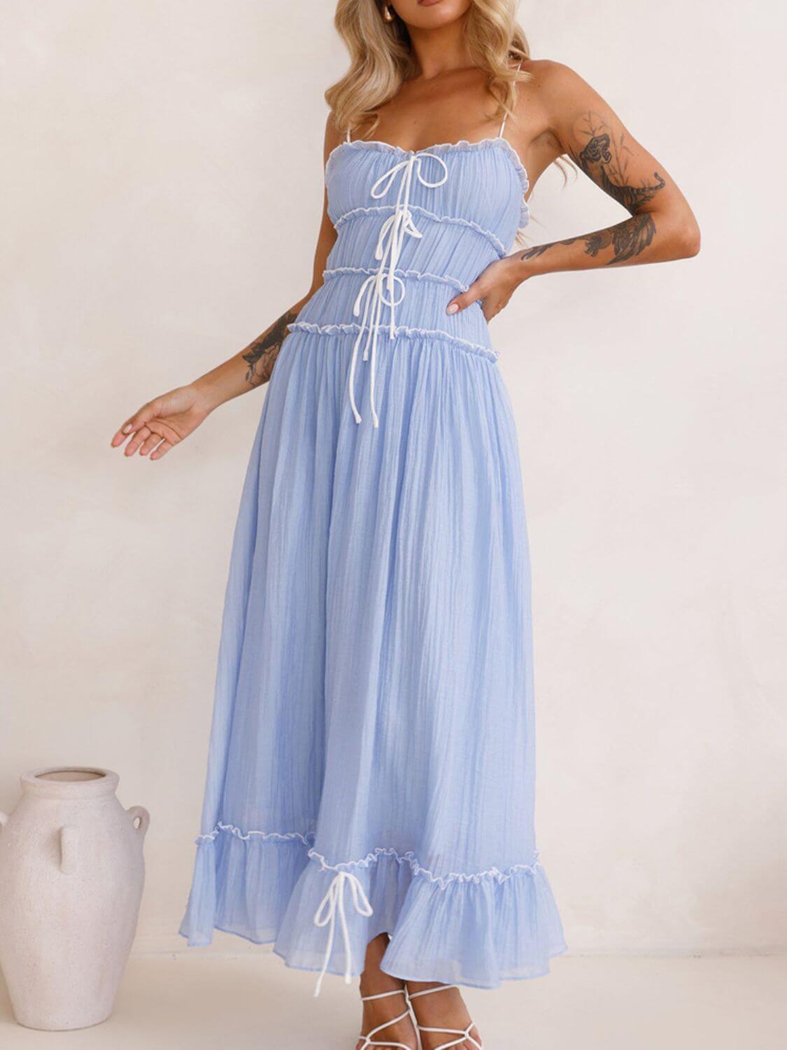 Devine frill ruffled hem midi cami dress with a flattering fit and elegant ruffled details, perfect for a casual or semi-formal look, available at 6i6.com