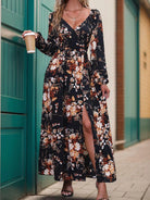 Slit Printed Surplice Long Sleeve Maxi Dress - 6i6