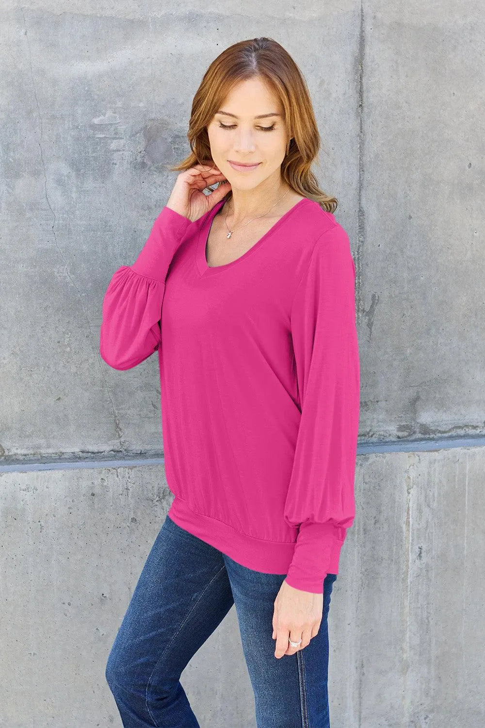 Basic Bae Full Size V-Neck Lantern Sleeve Top - 6i6