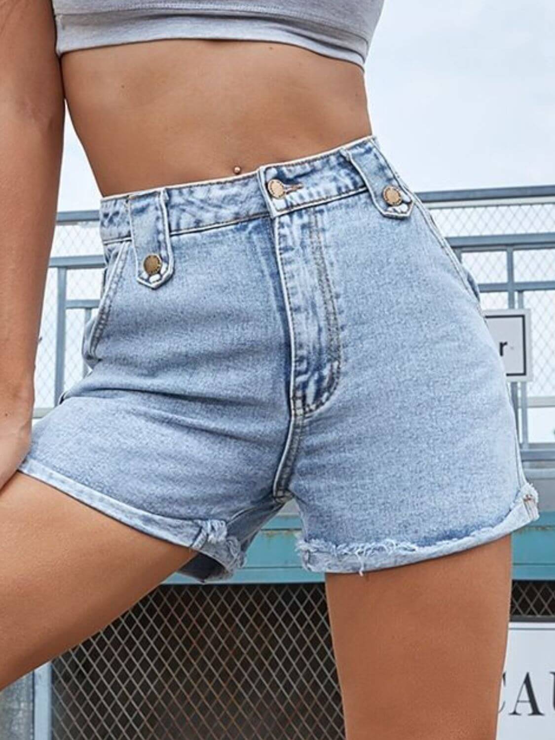 Raw hem denim shorts with a distressed edge for a trendy, laid-back look, available at 6i6.com