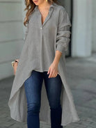 Full Size High-Low Collared Neck Long Sleeve Shirt - 6i6