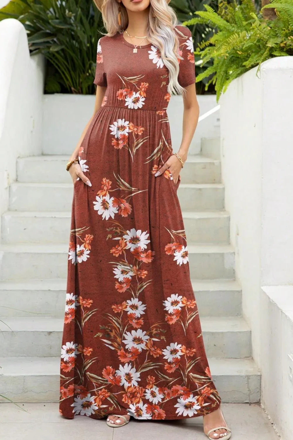Printed Round Neck Short Sleeve Maxi Dress - 6i6
