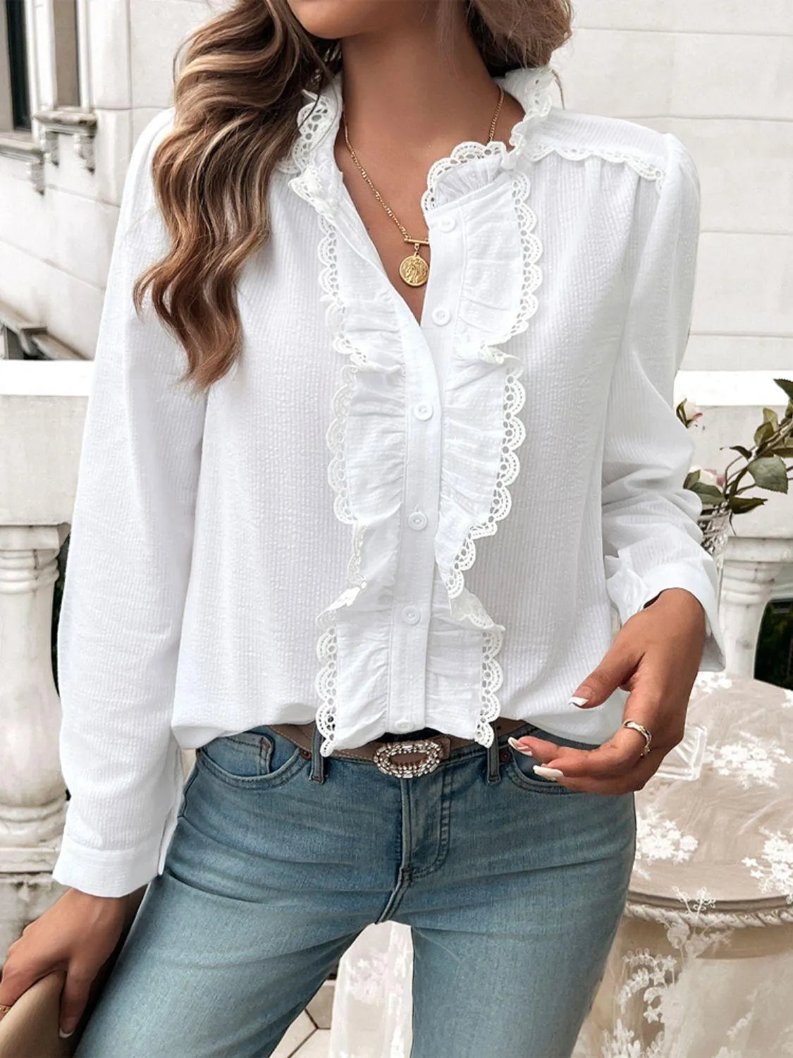 Textured Lace Detail Long Sleeve Shirt - 6i6