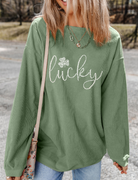 LUCKY rhinestone round neck long sleeve sweatshirt with sparkling embellishments for a chic and comfortable look, available at 6i6.com