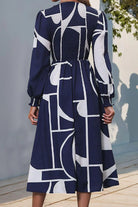 Smocked Color Block Long Sleeve Midi Dress - 6i6