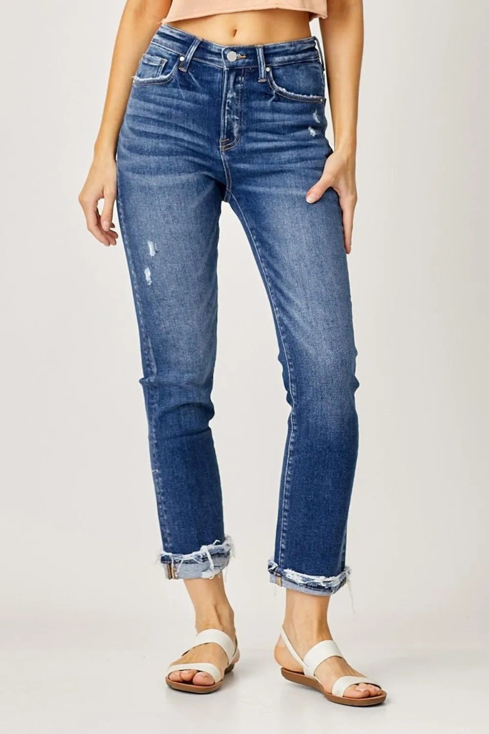 Risen Full Size High-Rise Frayed Cuffed Straight Jeans - 6i6